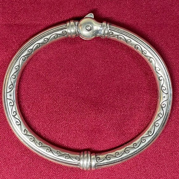 Silvertone Hinged Metal Bracelet (Weighty) with Artistic Scroll Design - Picture 1 of 5